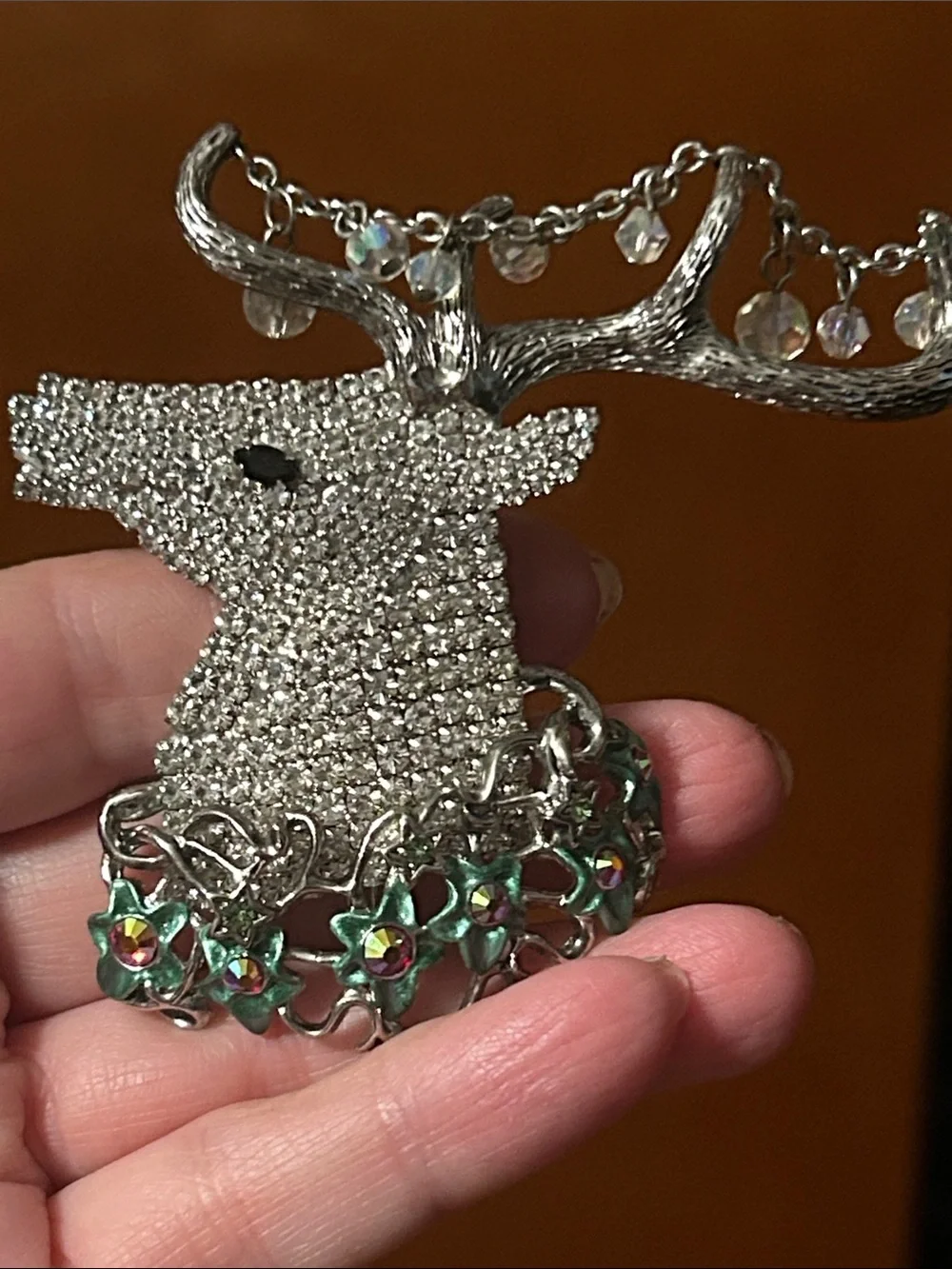 Kirks Folly Silver-tone Crystal Stag Brooch with Green Enamel Flowers